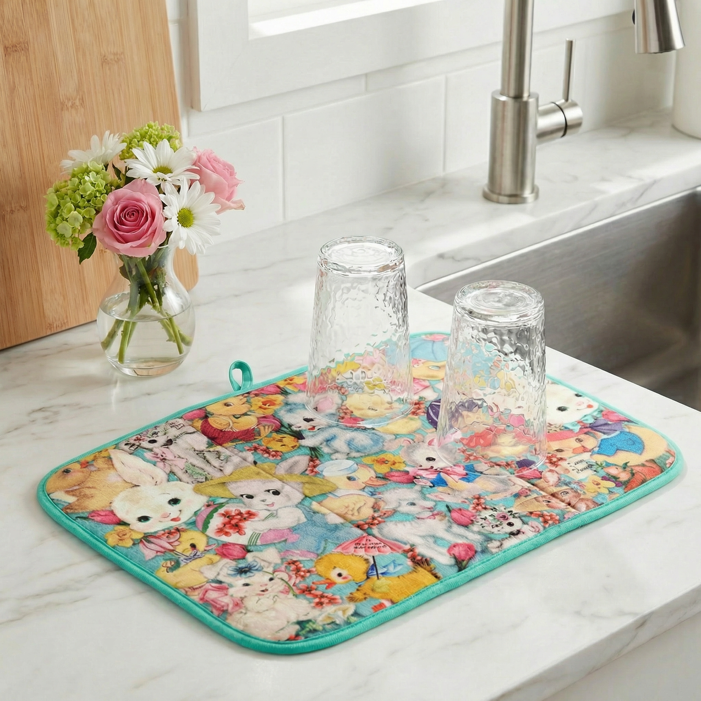 Vintage Spring Animals Drying Mat | Bunny Chick & Lamb Dish Drainer Pad | 21" x 14"