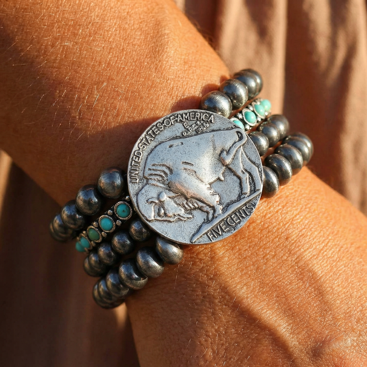 Vintage Style Buffalo Coin Pearl Bead Bracelet | Cowgirl Western Boho Bison Coin Beaded Stacked Stretch Bracelet