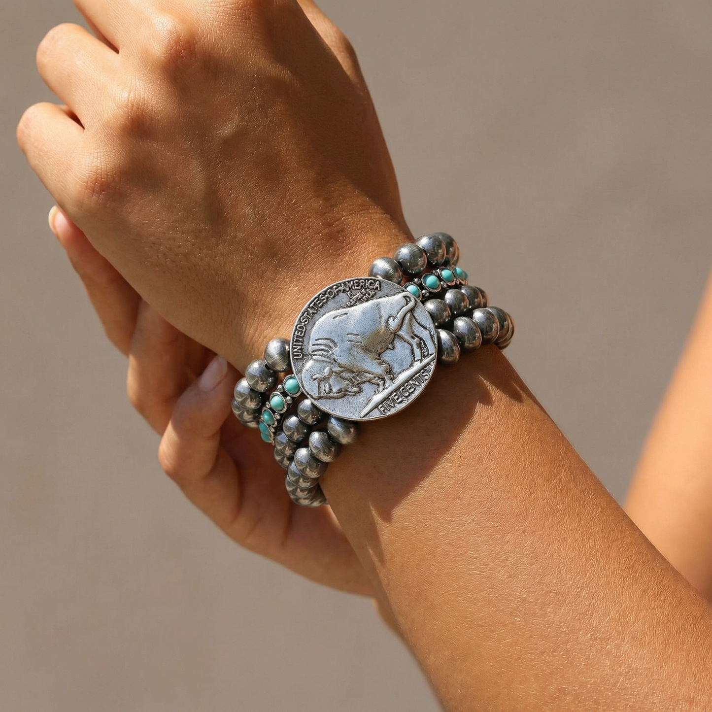 Vintage Style Buffalo Coin Pearl Bead Bracelet | Cowgirl Western Boho Bison Coin Beaded Stacked Stretch Bracelet