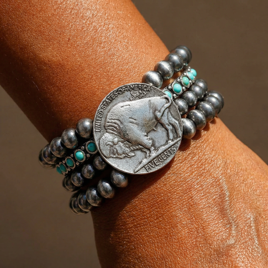 Vintage Style Buffalo Coin Pearl Bead Bracelet | Cowgirl Western Boho Bison Coin Beaded Stacked Stretch Bracelet