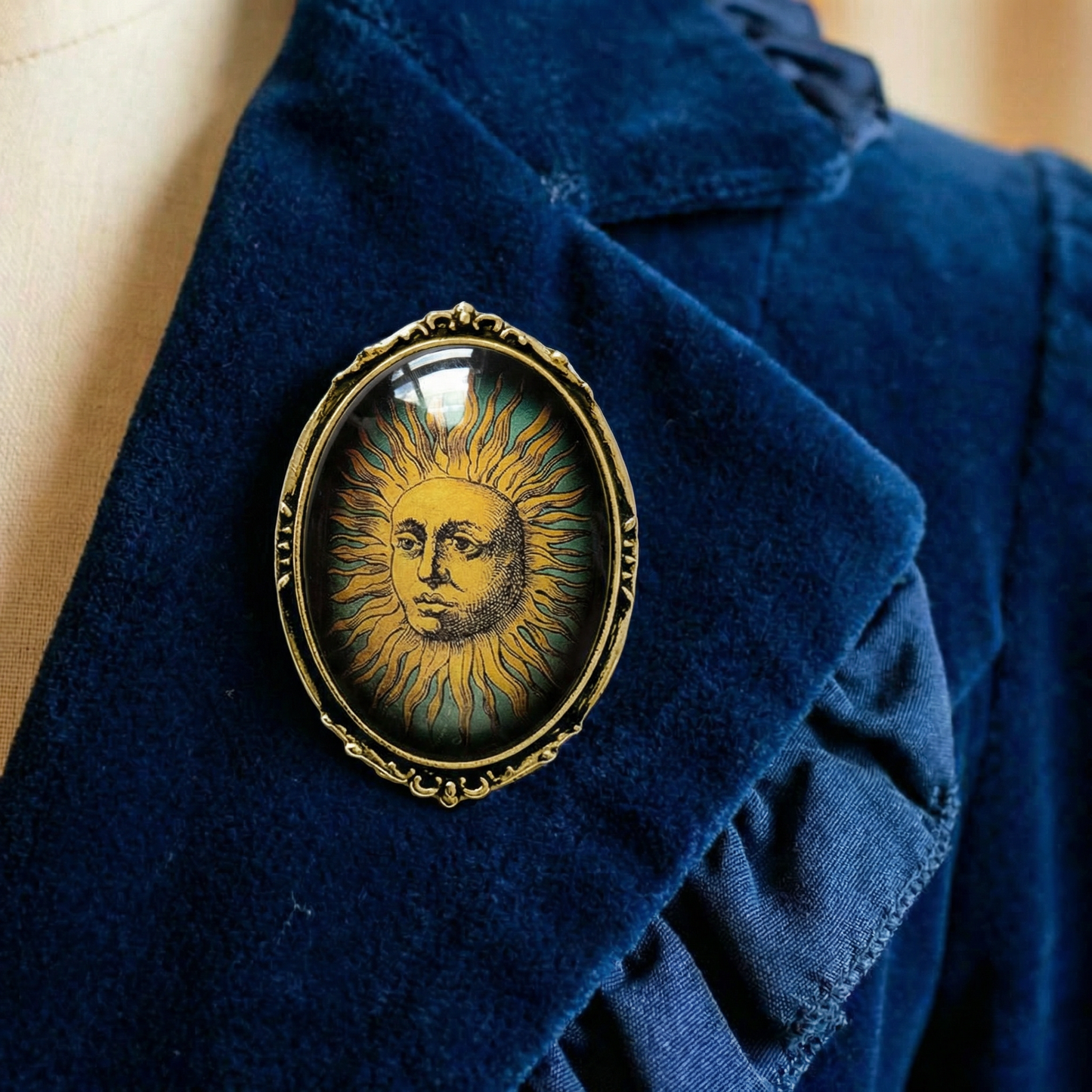Vintage Sun Brooch Victorian Celestial Tarot | Art Glass Cabochon Pin