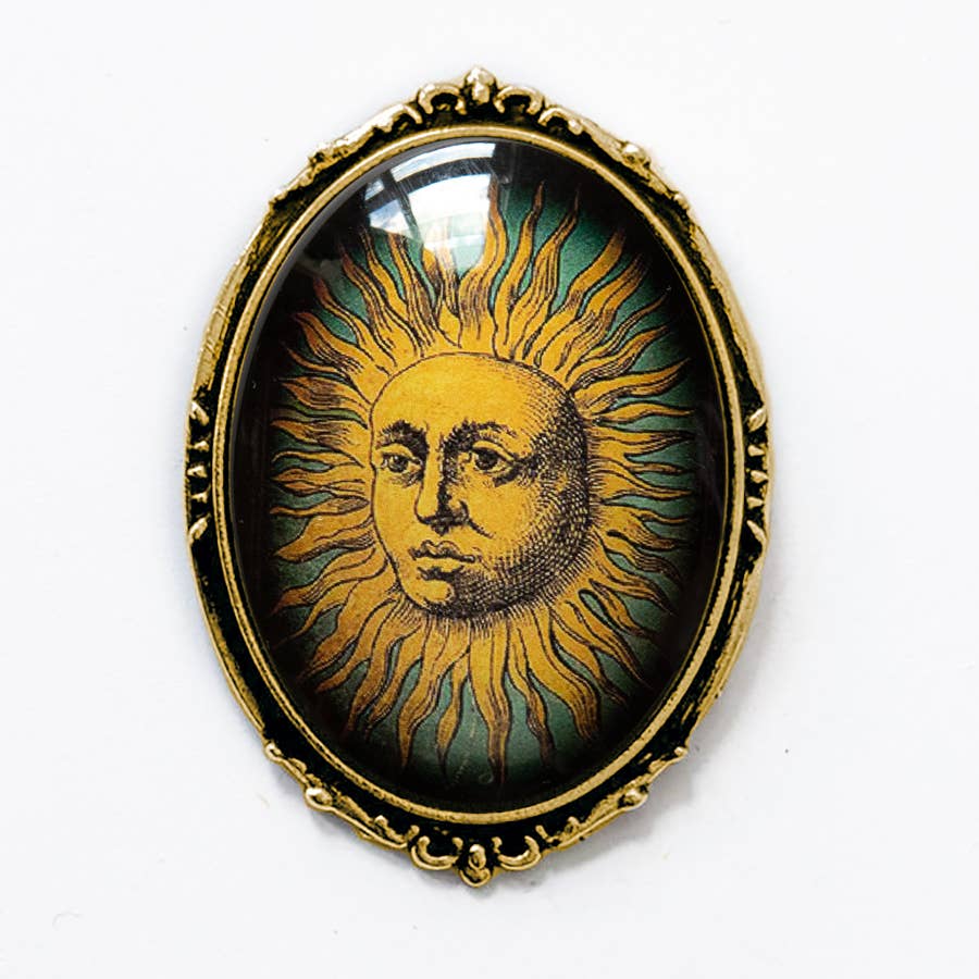 Vintage Sun Brooch Victorian Celestial Tarot | Art Glass Cabochon Pin
