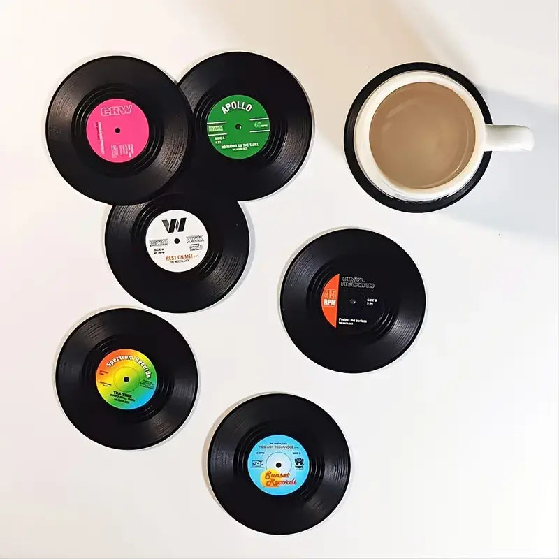 Vinyl Record Styled Funny Coasters in Set of 6 | Decorative Drinkware Barware | Gift for Music Lover