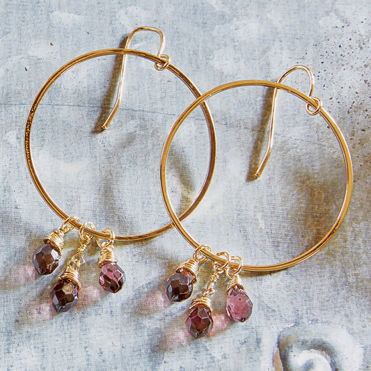 Violet Glass Beads Dangle Hoops Earrings | Glass Crystal Gemstones