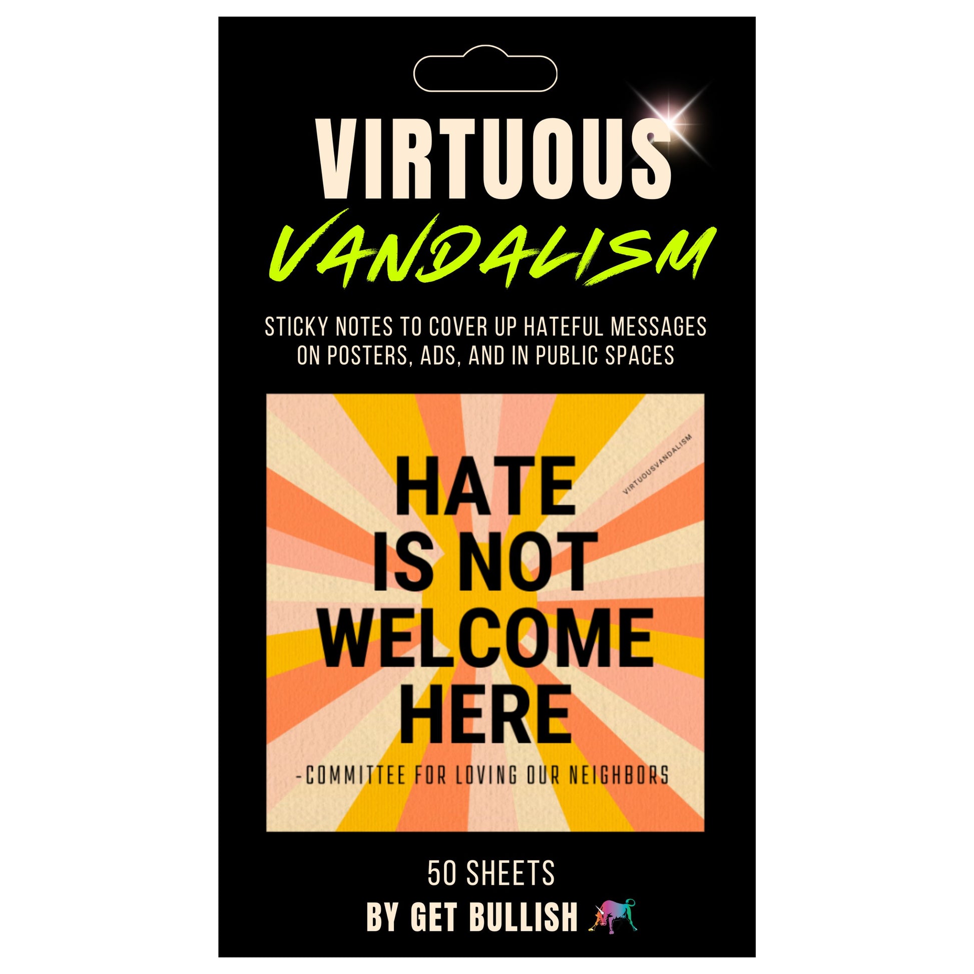 Packaging of 'Virtuous Vandalism' sticky notes with a colorful design and text.