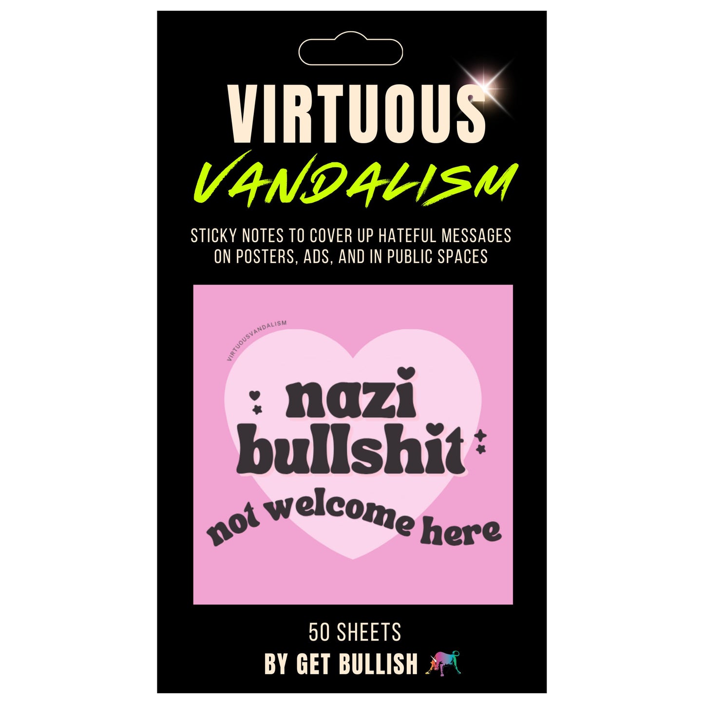 Product packaging for 'Virtuous Vandalism' sticky notes with a pink label and black text.
