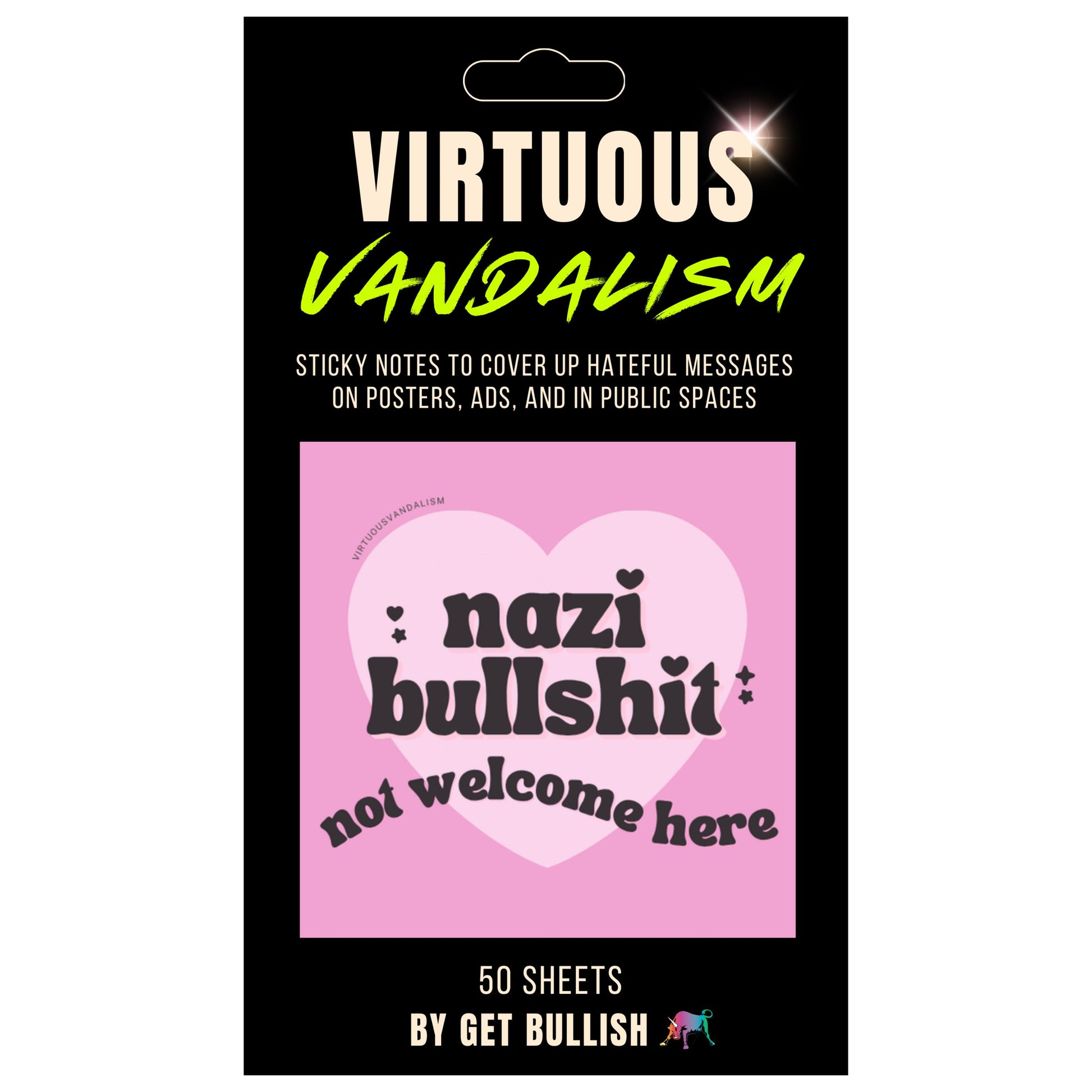 Product packaging for 'Virtuous Vandalism' sticky notes with a pink label and black text.