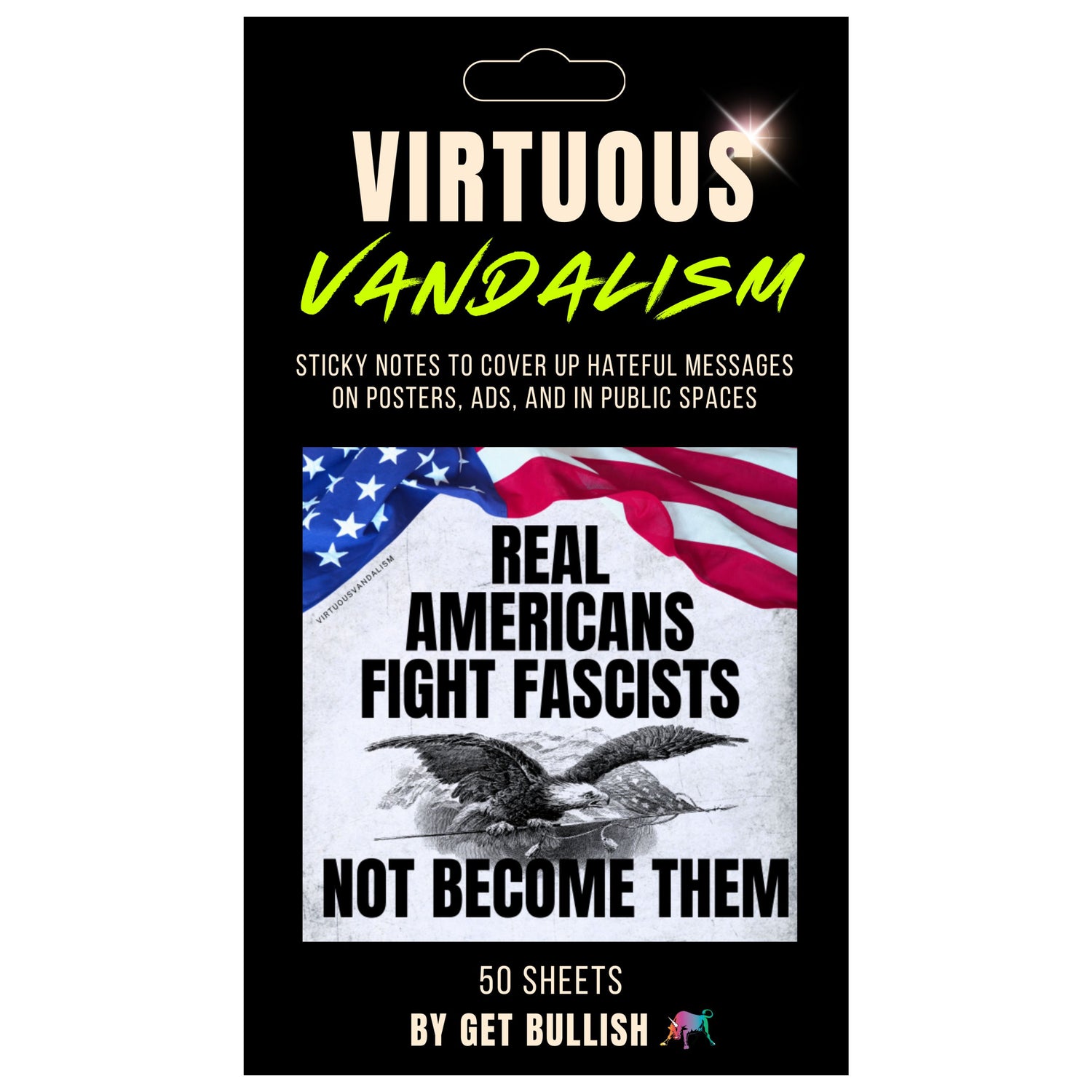 Packaging of 'Virtuous Vandalism' sticky notes with American flag and text.