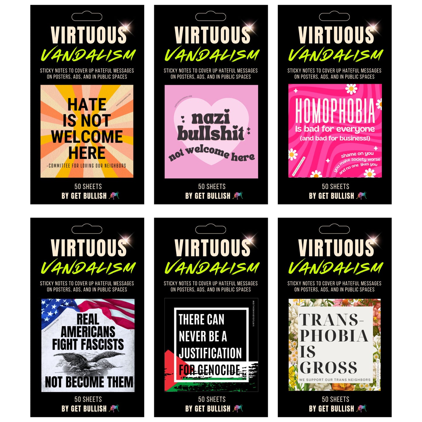 Virtuous Vandalism “Real Americans Fight Fascists” Sticky Notes 3" x 3" Pack of 50 | Combat and Cover Offensive Public Messages with Adhesive Protest Notes