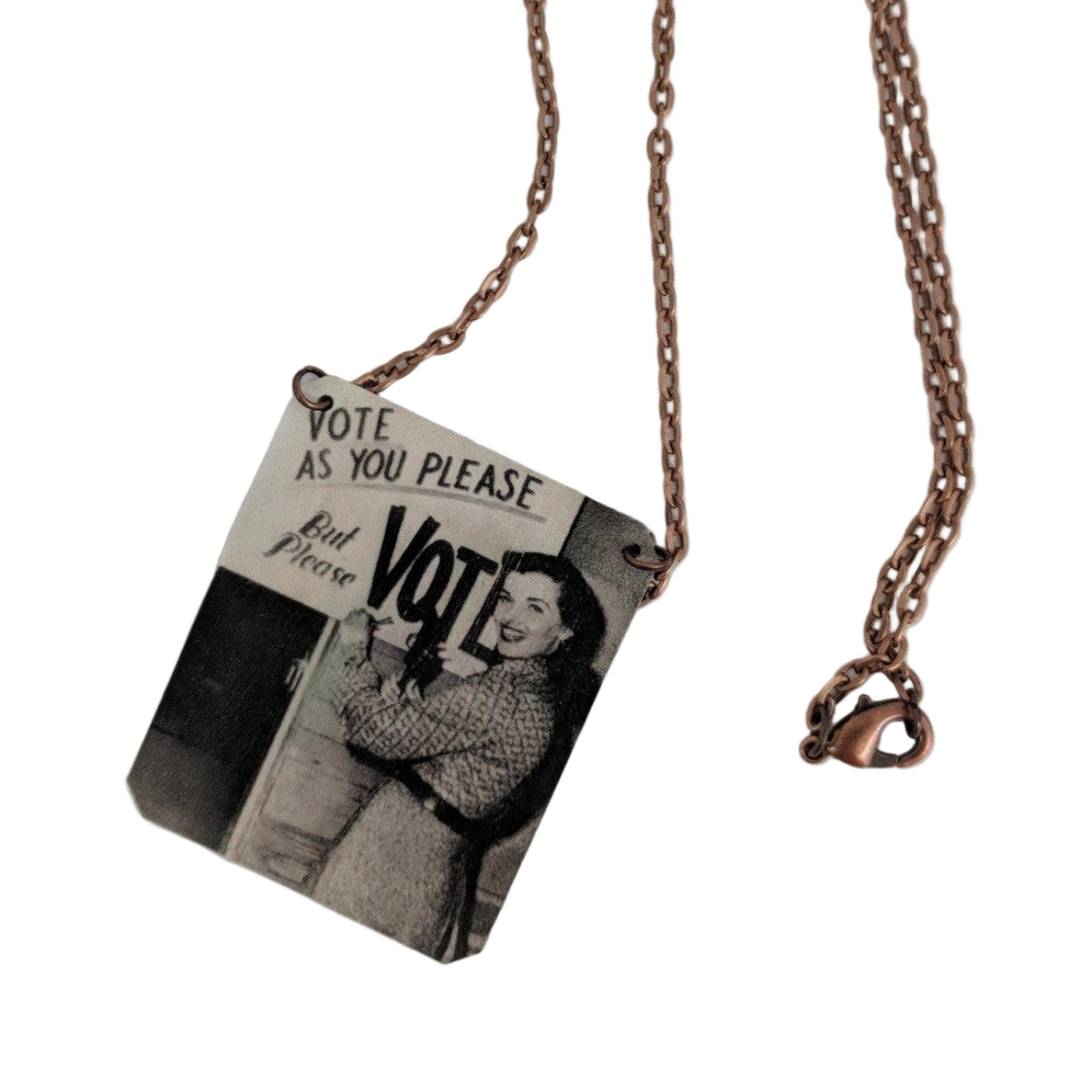 Necklace with a pendant featuring a black and white image and text on a white background