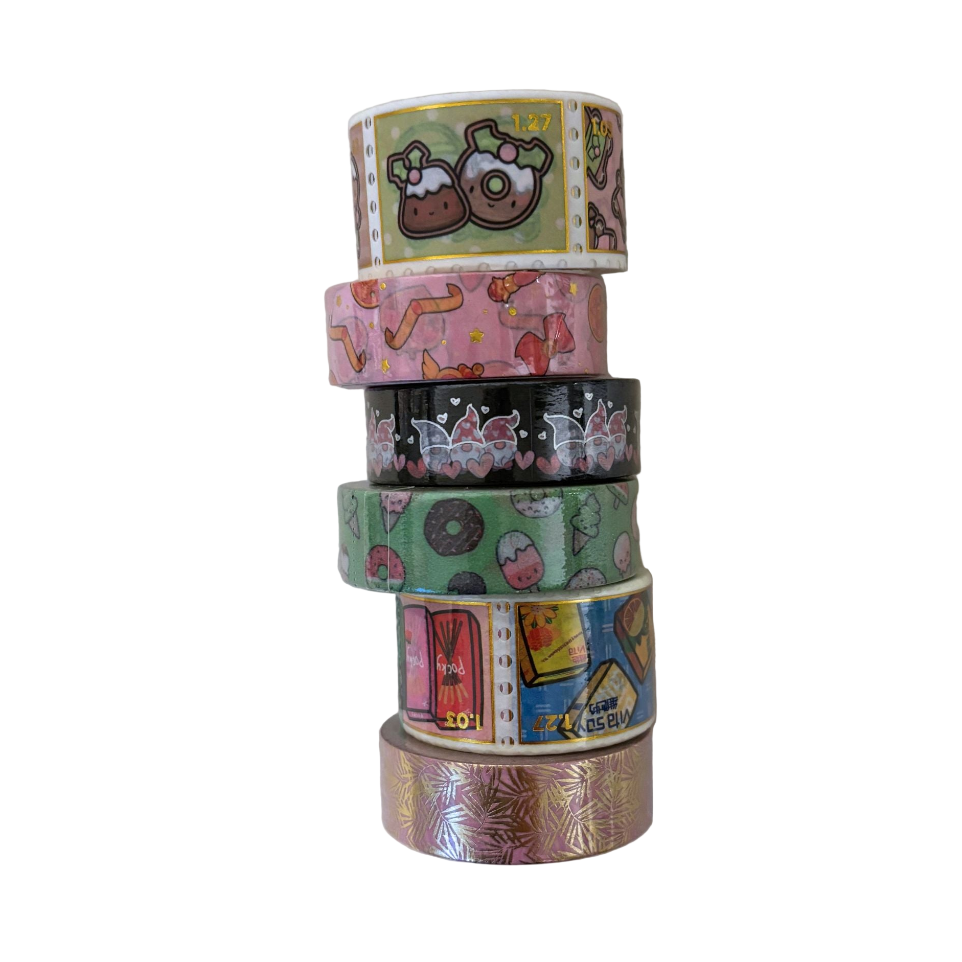 Stack of colorful washi tape rolls with various designs on a white background