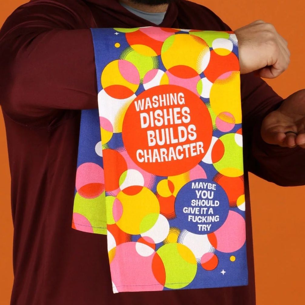 Washing Dishes Builds Character Screen-Printed Dish Towel | Kitchen Tea Hand Cotton Dish Cloth | 28" x 21" | BlueQ at GetBullish