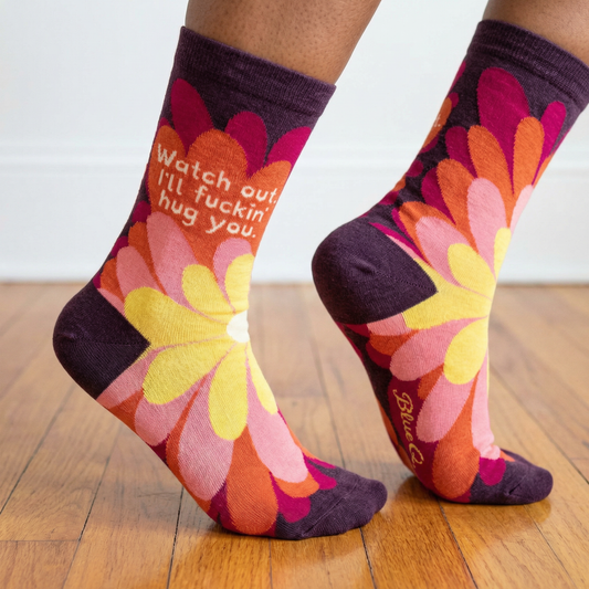 Watch Out - I'll Fuckin' Hug You Women's Crew Socks | BlueQ at GetBullish