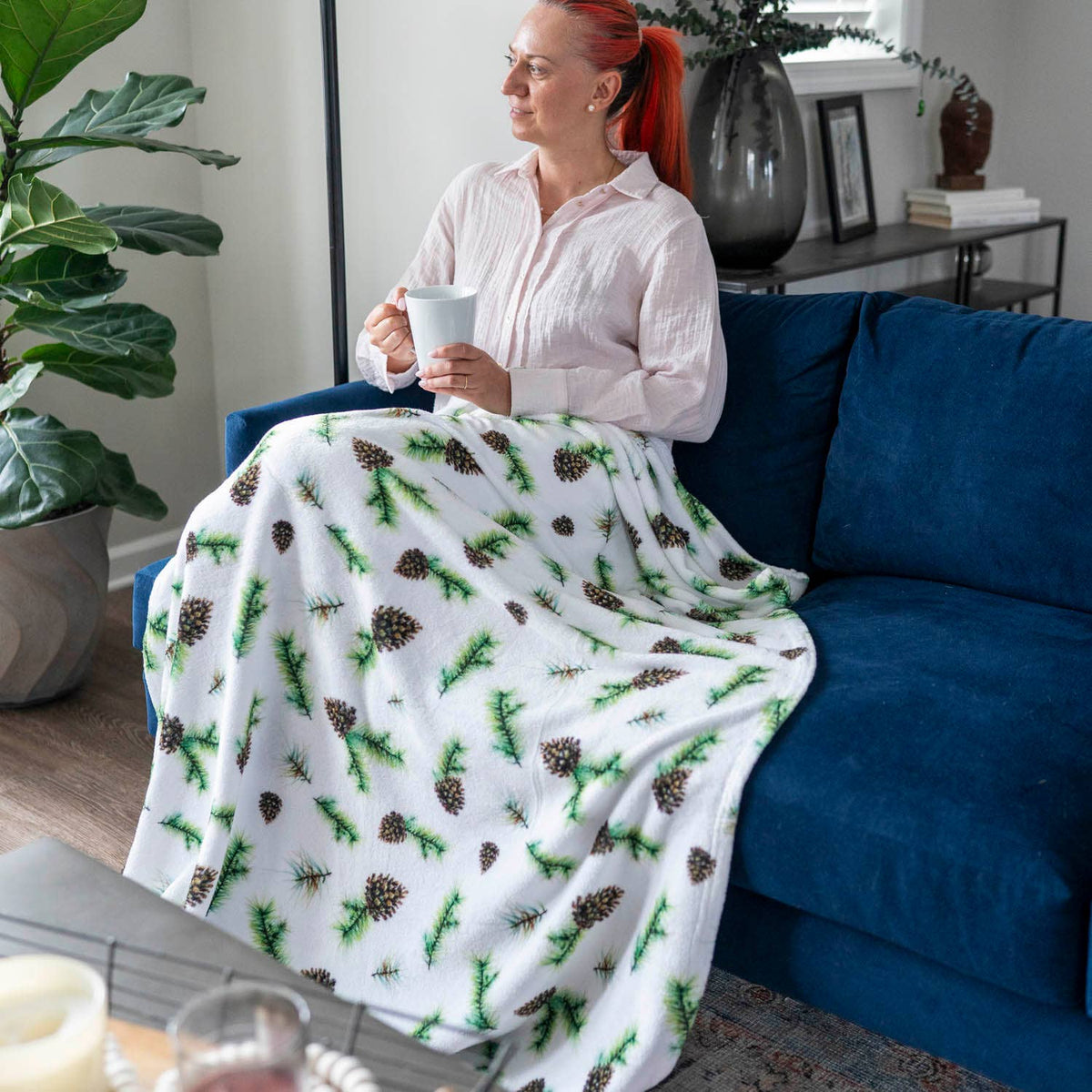 Watercolor Pine Cone Velveteen Holiday Throw Blanket | 50" x 60"