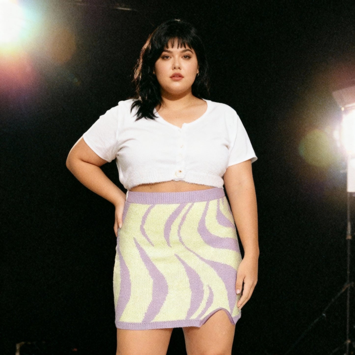 Wave Sweater Mini Skirt with Slit | Yellow Intarsia Knit Skirt [SM–XL]