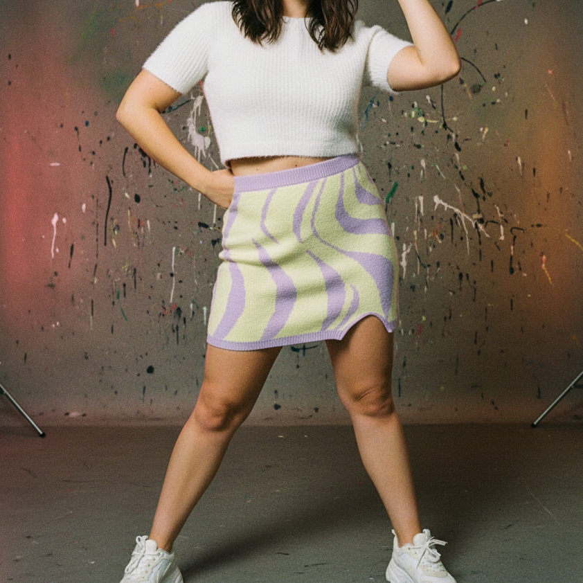 Wave Sweater Mini Skirt with Slit | Yellow Intarsia Knit Skirt [SM–XL]