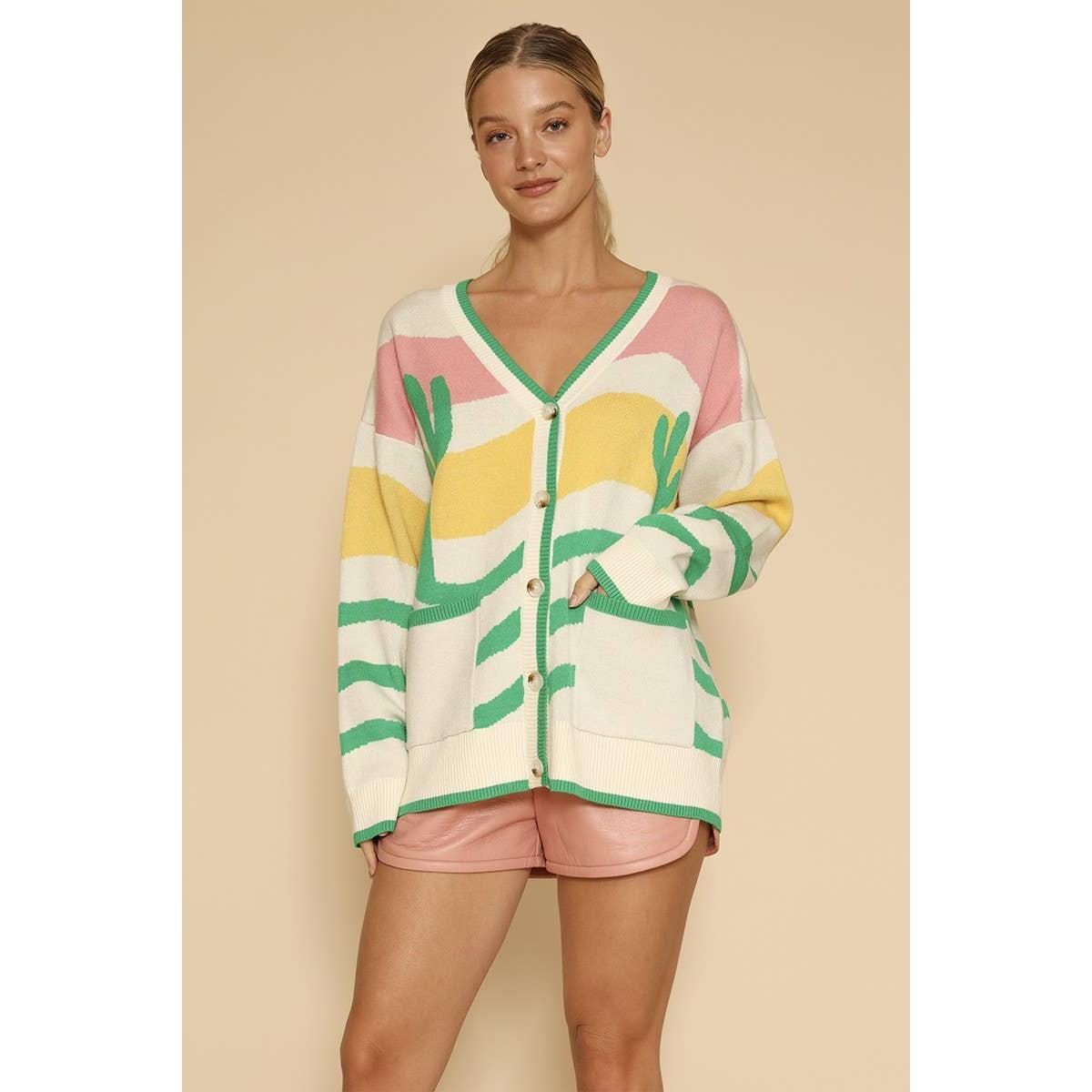 Wavy Stripe Cactus Knit Cardigan [Sizes L and XL Only]