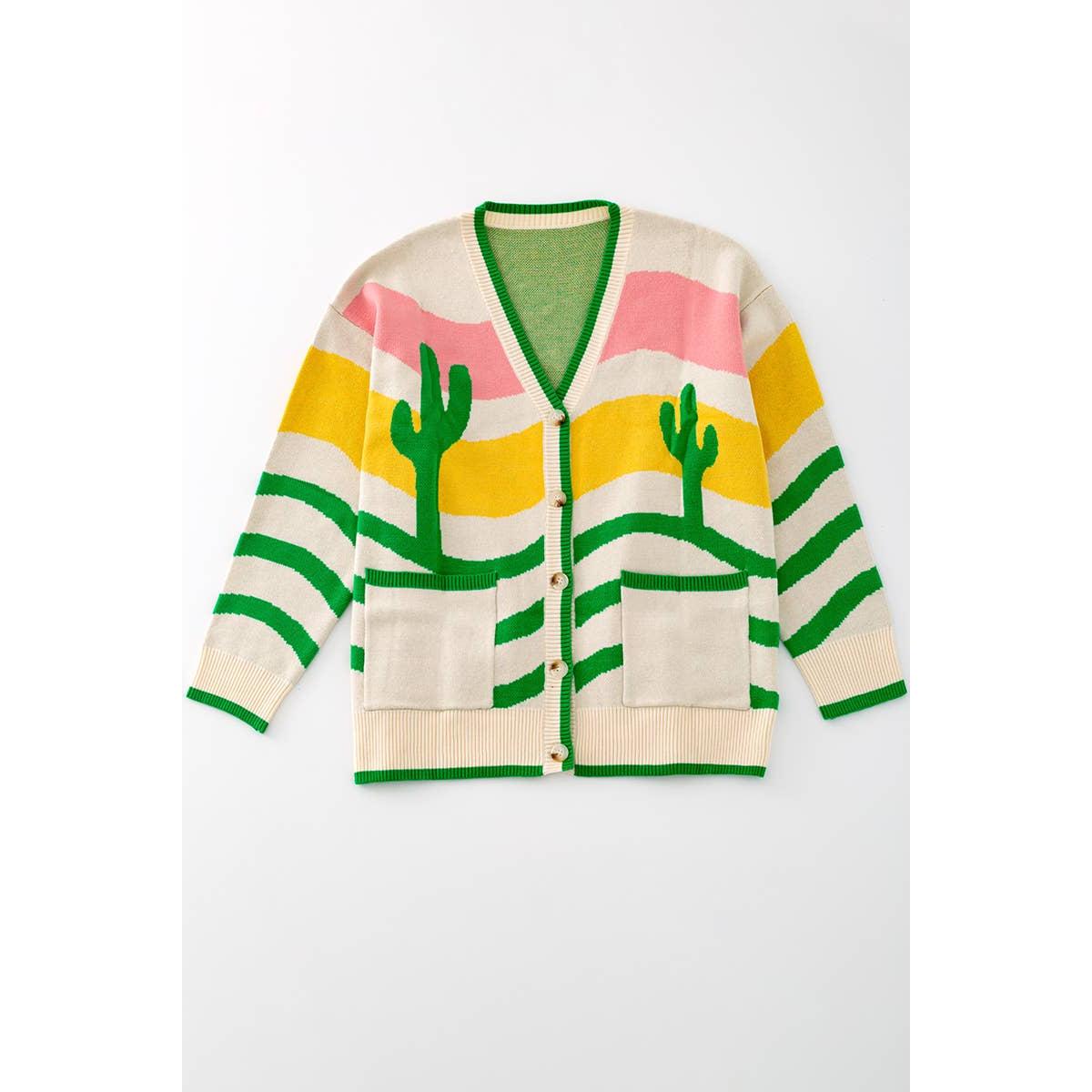 Wavy Stripe Cactus Knit Cardigan [Sizes L and XL Only]