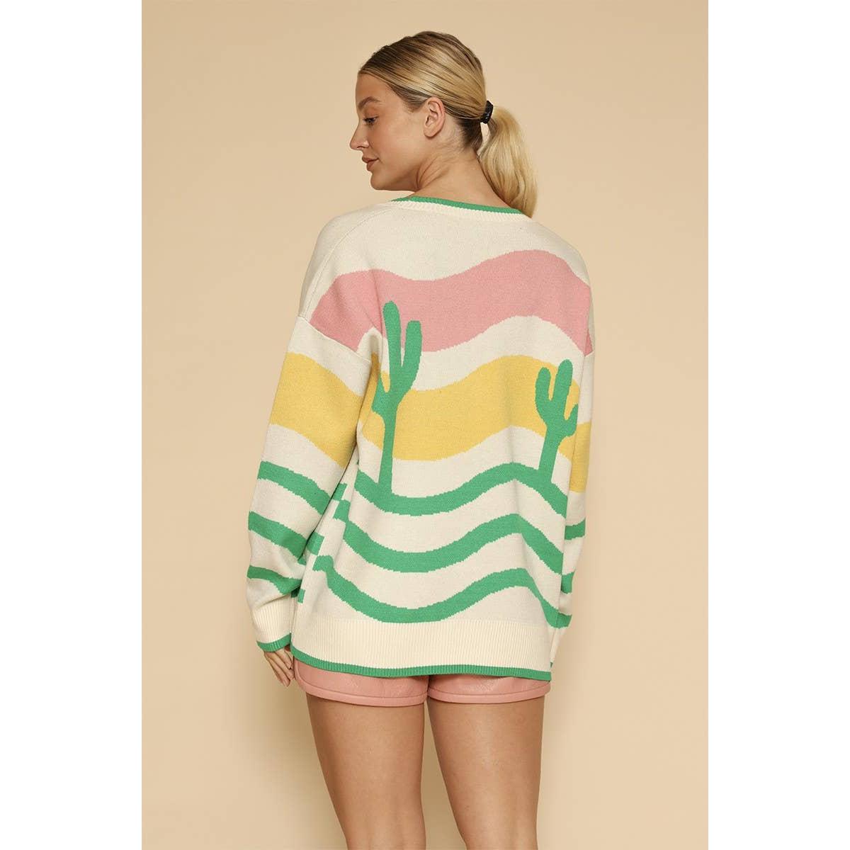Wavy Stripe Cactus Knit Cardigan [Sizes L and XL Only]