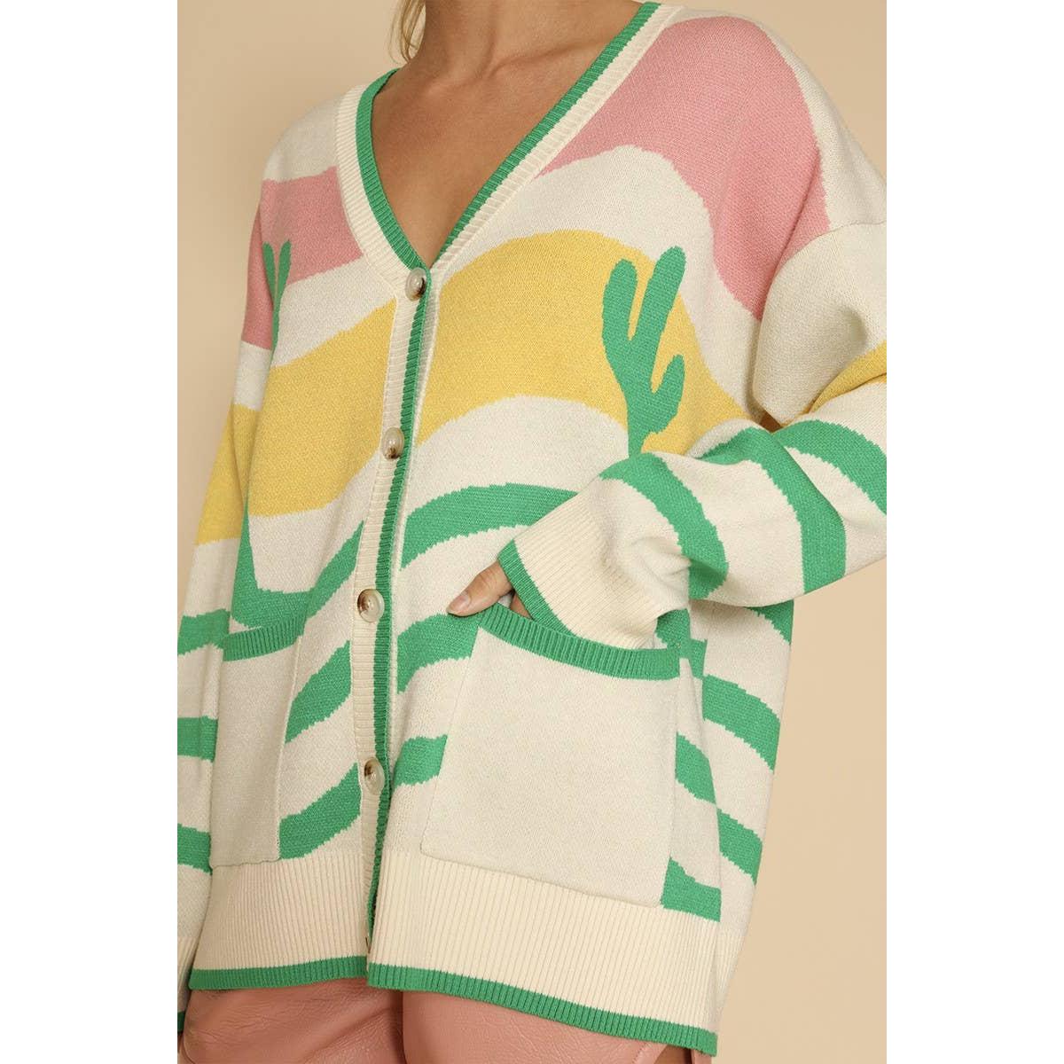 Wavy Stripe Cactus Knit Cardigan [Sizes L and XL Only]