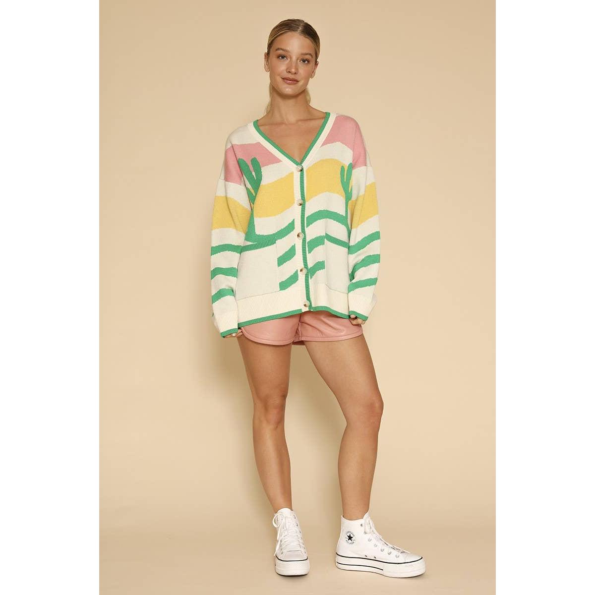 Wavy Stripe Cactus Knit Cardigan [Sizes L and XL Only]