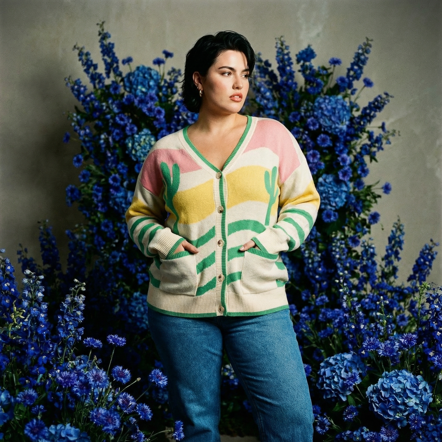 Wavy Stripe Cactus Knit Cardigan [Sizes L and XL Only]