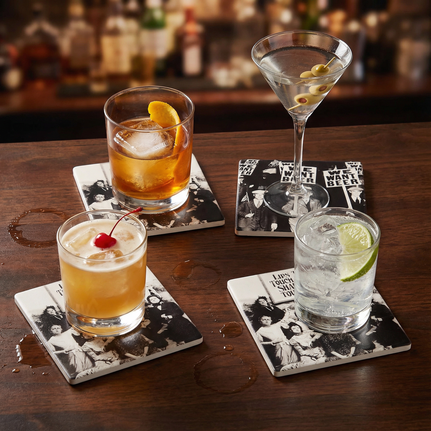 We Want Beer Prohibition Era Protestors Stoneware Coaster in Set of 4 | Beverage Drink Beer Mat |  4" x 4"