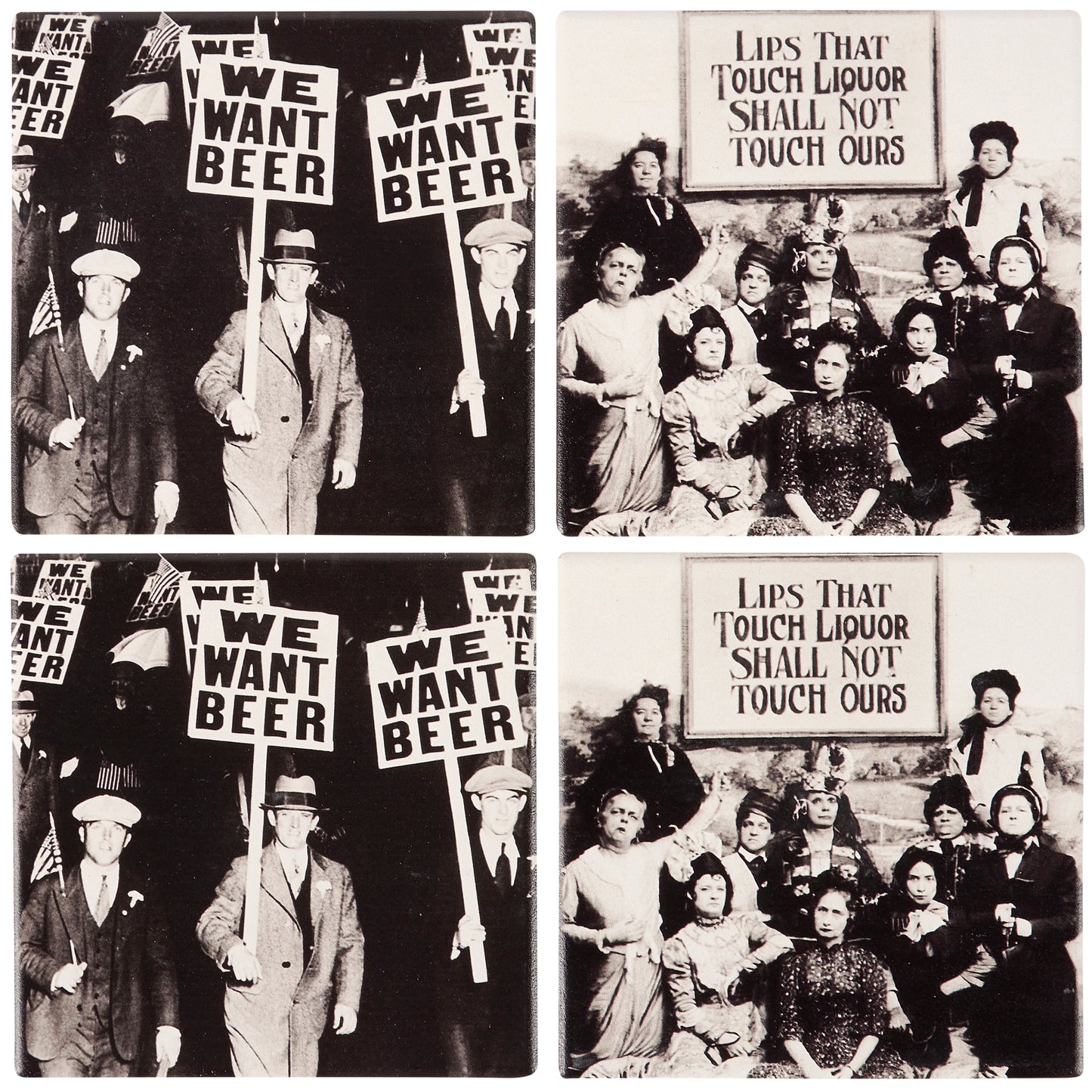 We Want Beer Prohibition Era Protestors Stoneware Coaster in Set of 4 | Beverage Drink Beer Mat | 4" x 4"