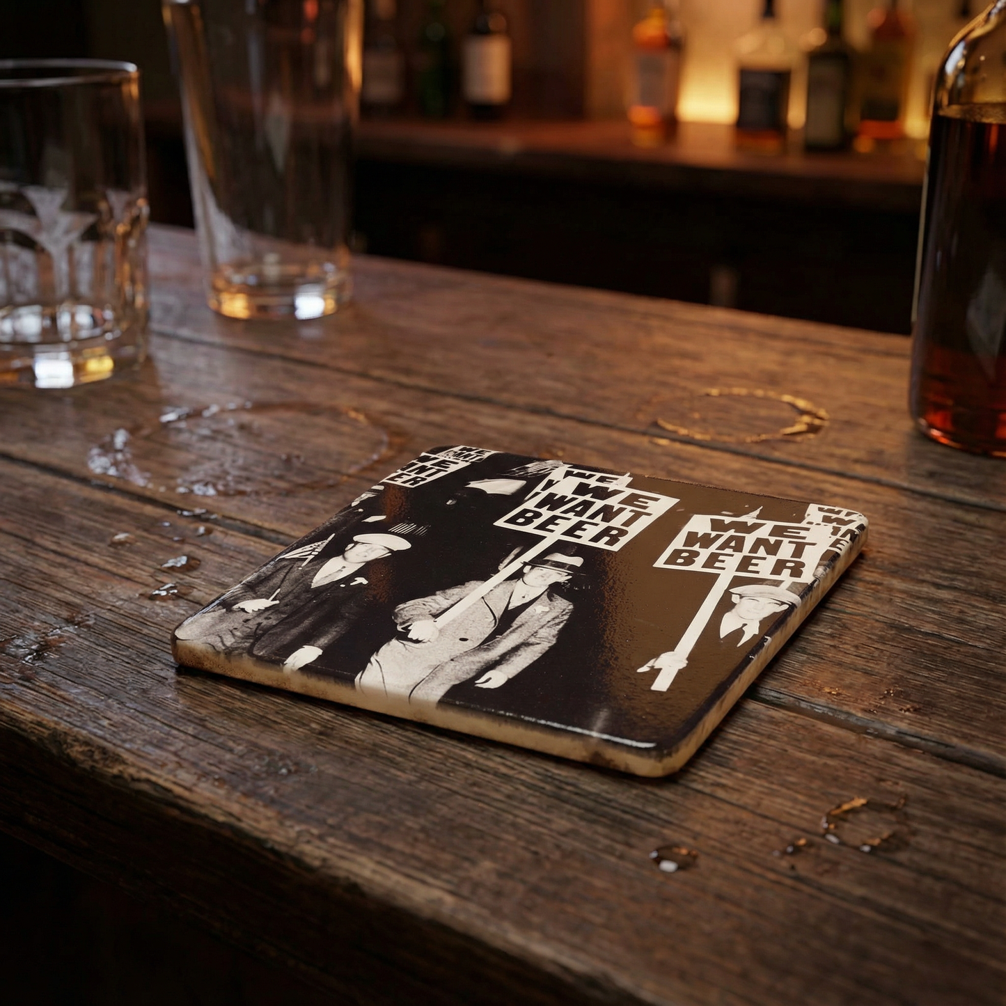 We Want Beer Prohibition Era Protestors Stoneware Coaster in Set of 4 | Beverage Drink Beer Mat |  4" x 4"