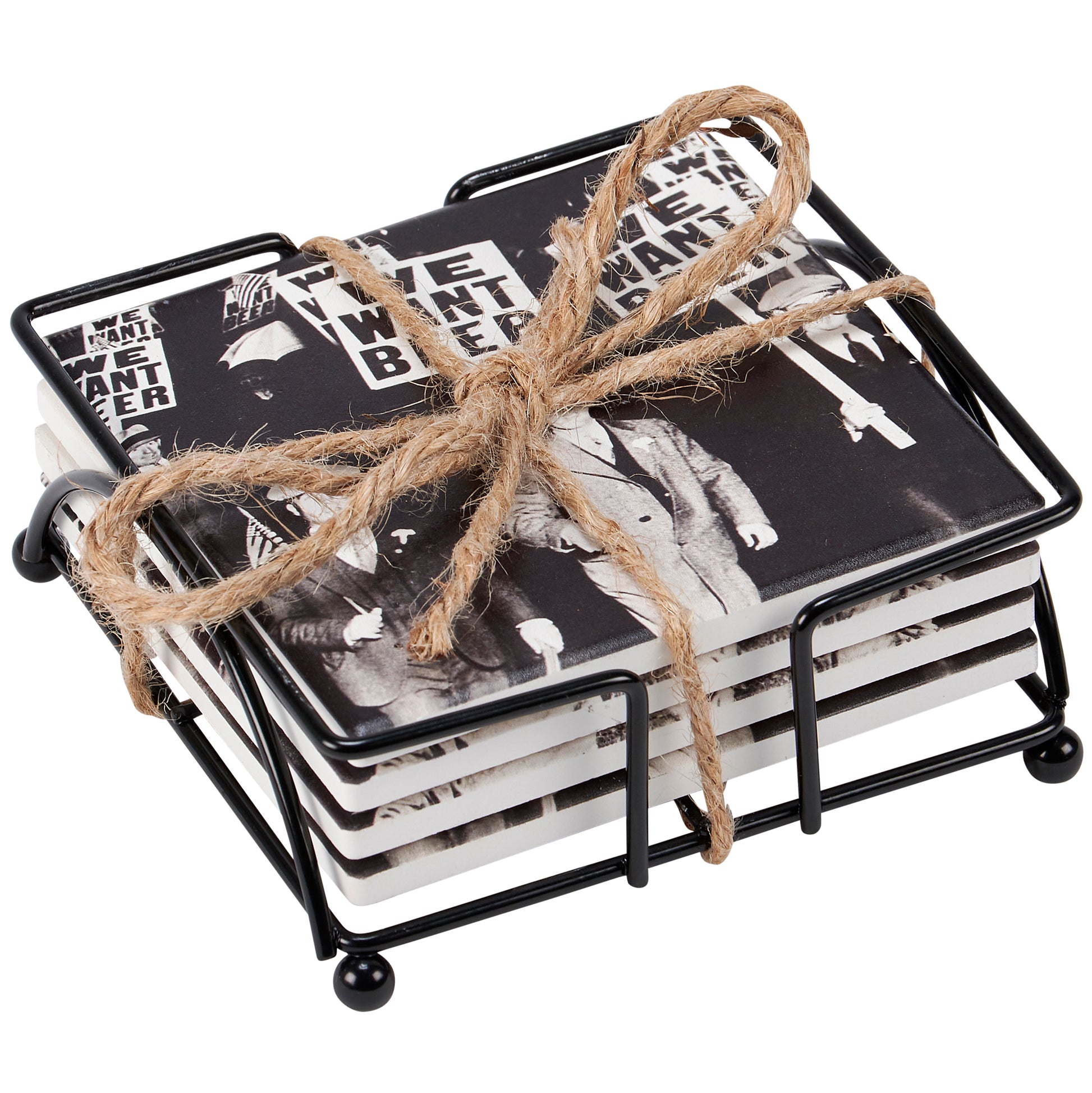 We Want Beer Prohibition Era Protestors Stoneware Coaster in Set of 4 | Beverage Drink Beer Mat | 4" x 4"