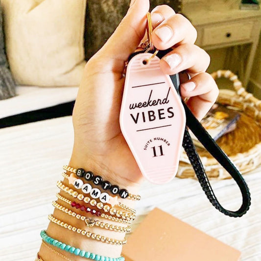 Weekend Vibes Motel Style Keychain with Gold Hardware