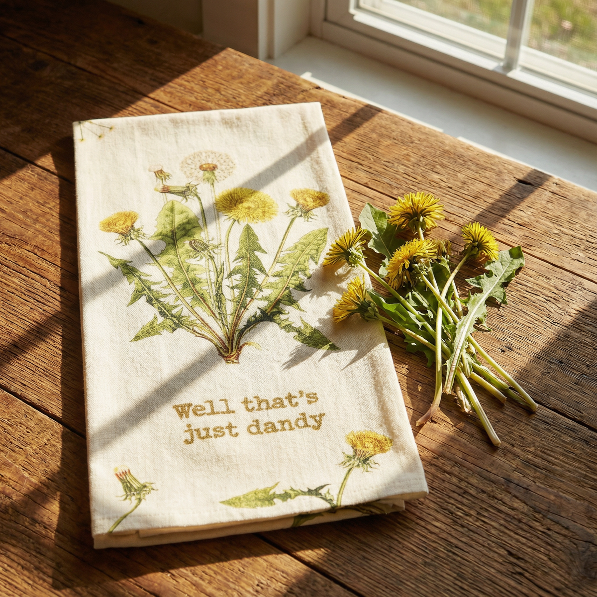 Well That's Just Dandy Punny Dandelion Dish Cloth Towel | Cotton Linen Novelty Tea Towel | Cute Kitchen Hand Towel | 18" x 28"