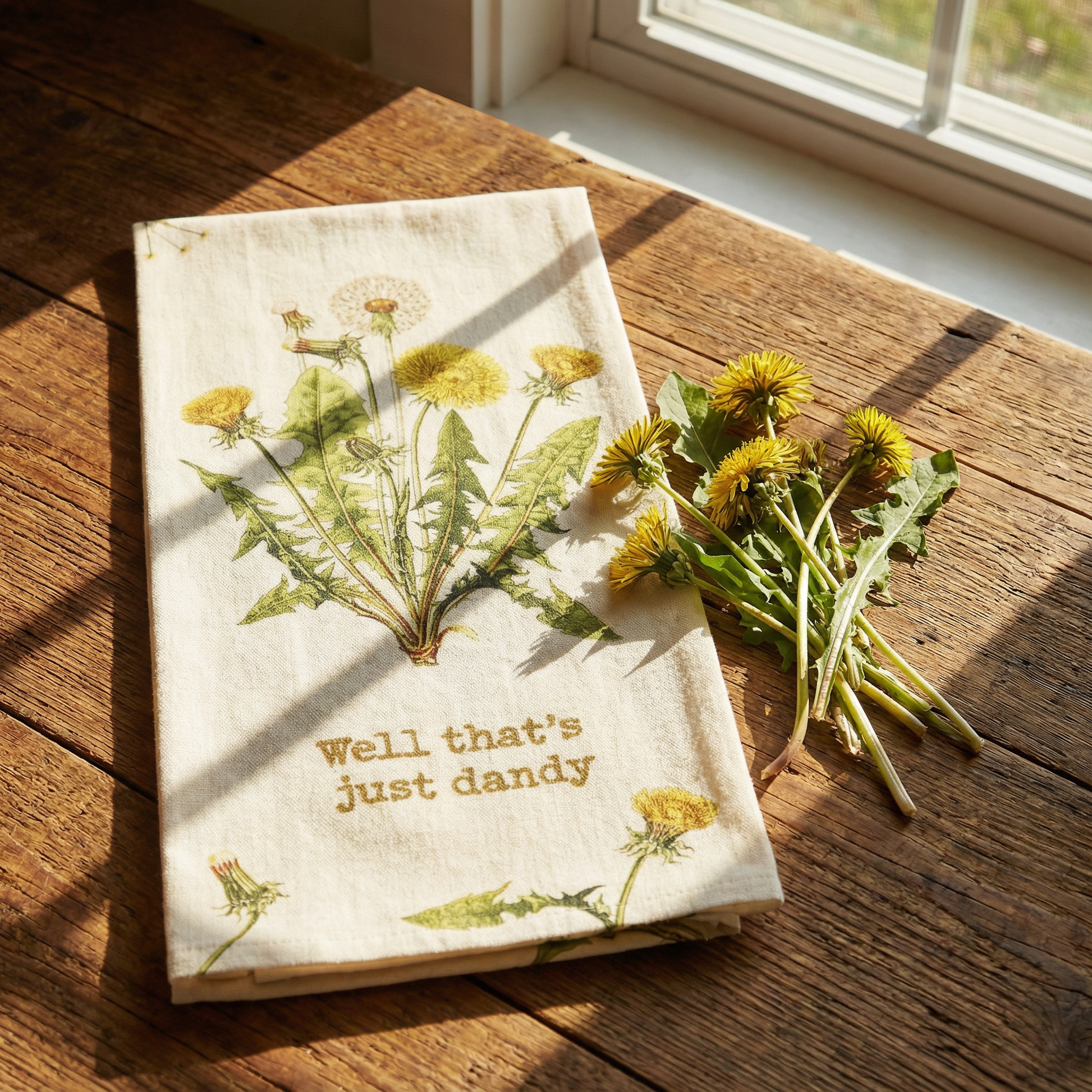Well That's Just Dandy Punny Dandelion Dish Cloth Towel | Cotton Linen Novelty Tea Towel | Cute Kitchen Hand Towel | 18" x 28"