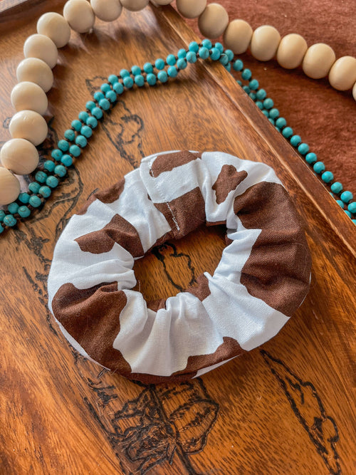 Western Cow Print Cotton Scrunchie in Brown | Handmade Hairtie