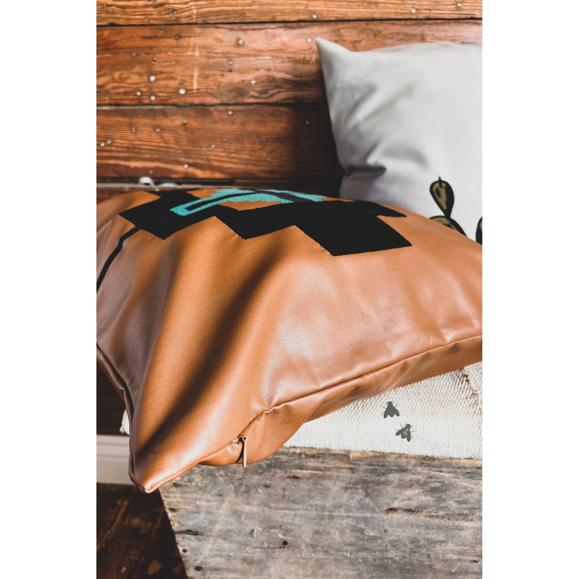 Western Point Pillow Case in Saddle Color Faux Leather | Embroidered Aztec Design