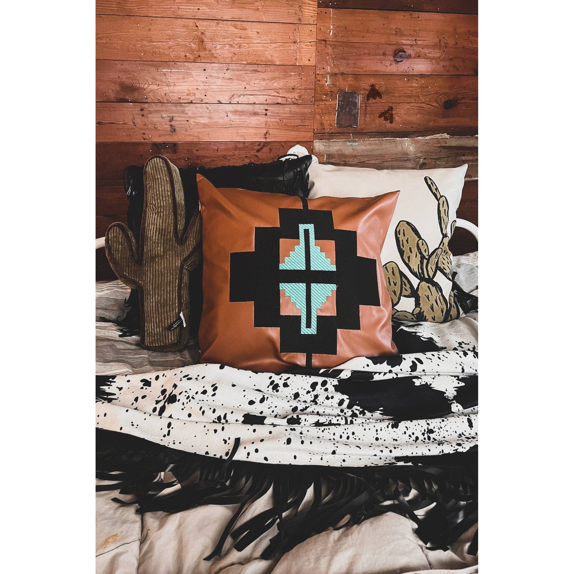 Western Point Pillow Case in Saddle Color Faux Leather | Embroidered Aztec Design