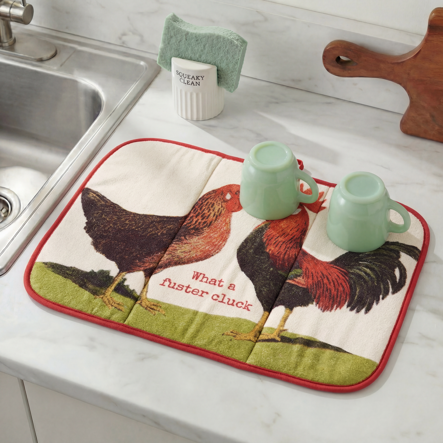 What A Fuster Cluck Ultra-absorbent Drying Mat | Hen Rooster Dish Drainer Pad | 21" x 14"