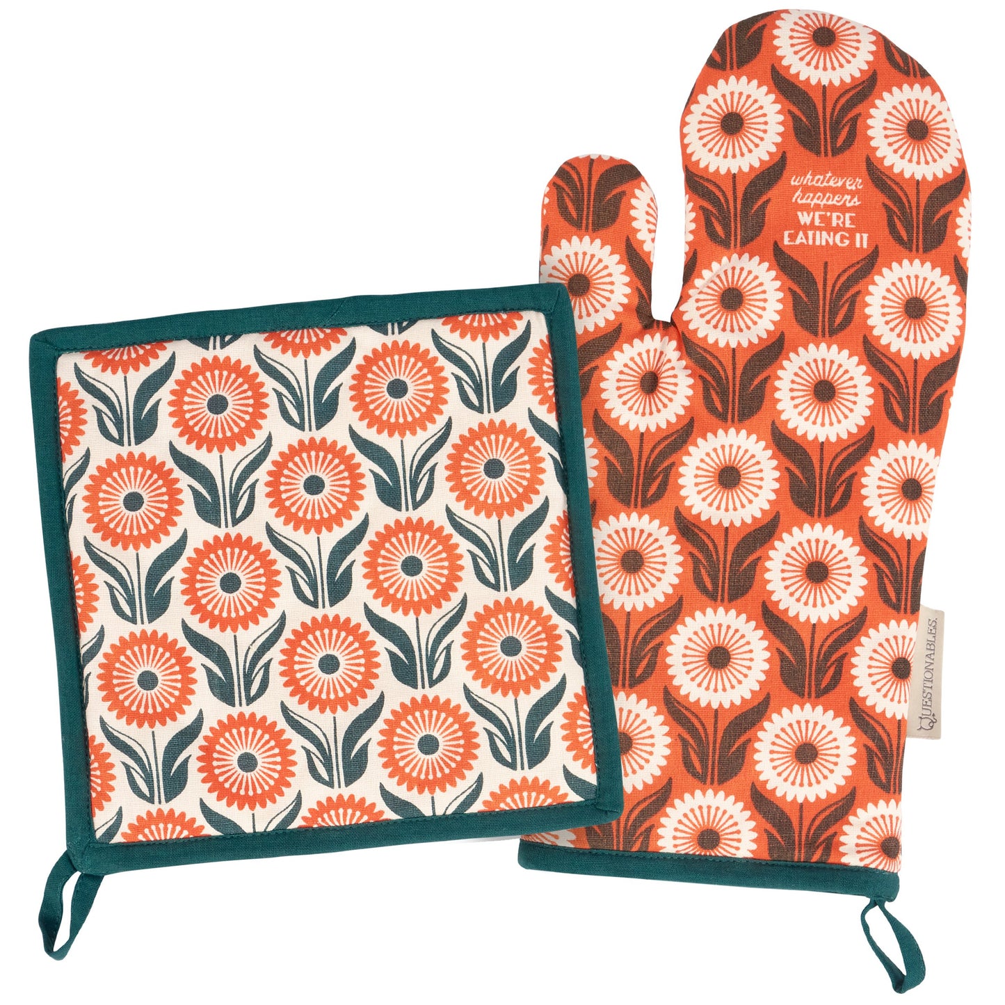 Floral patterned pot holder and oven mitt on a white background