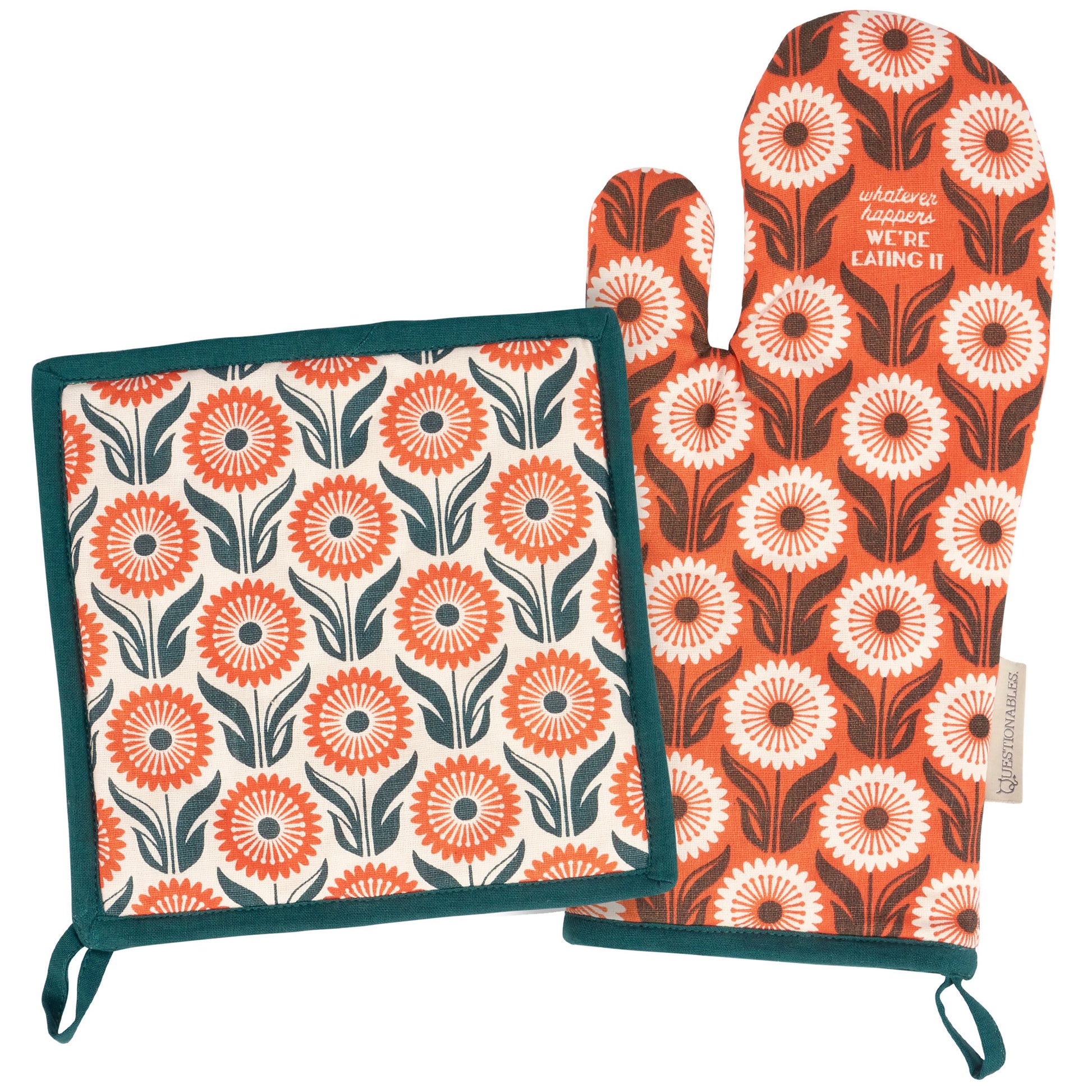 Floral patterned pot holder and oven mitt on a white background