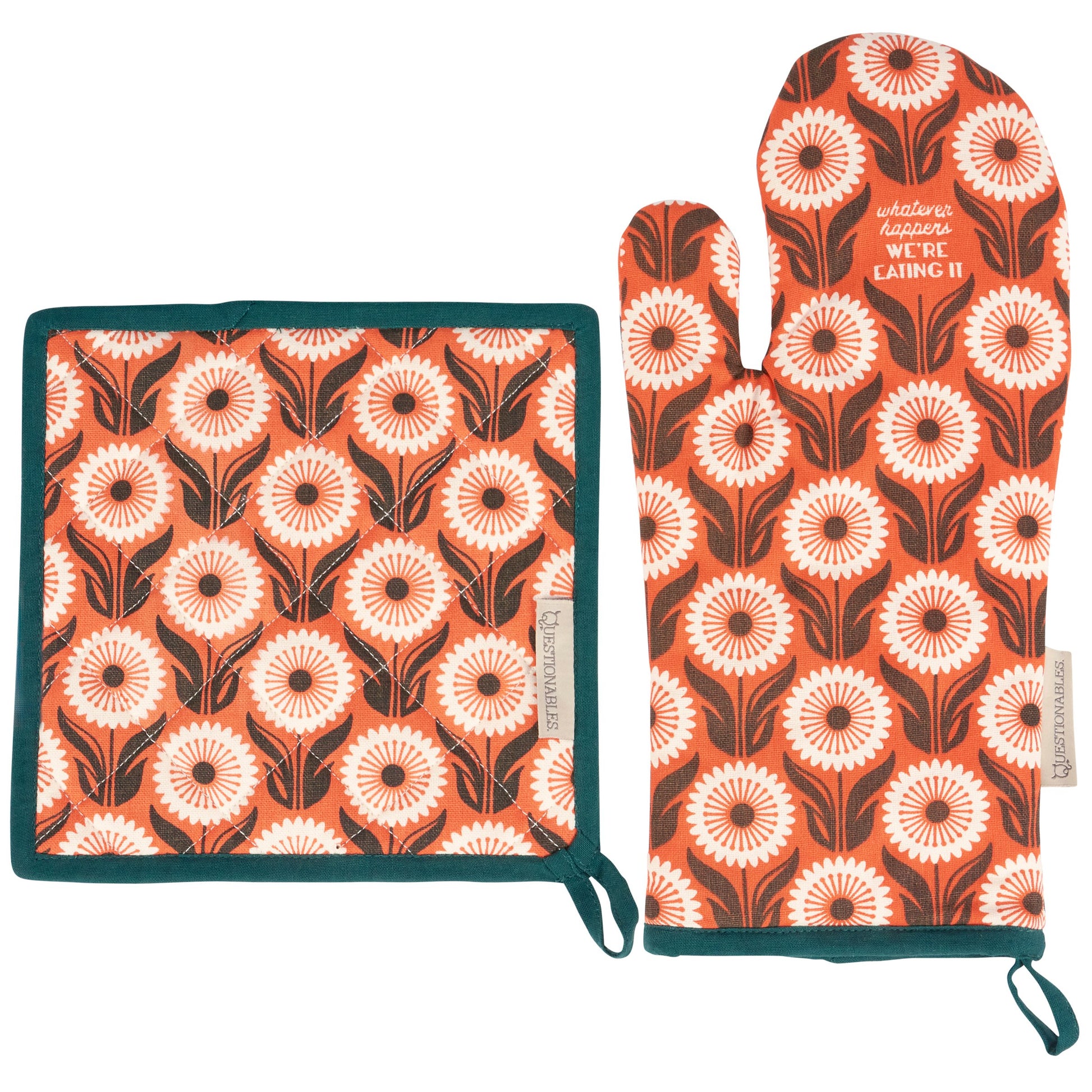 Floral patterned pot holder and oven mitt on a white background