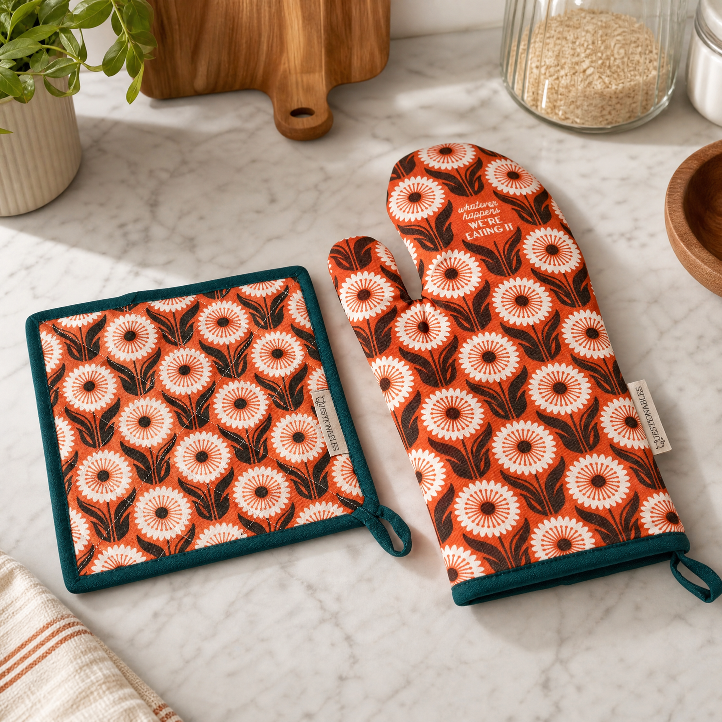 Whatever Happens We're Eating It Floral Oven Mitt & Potholder Set