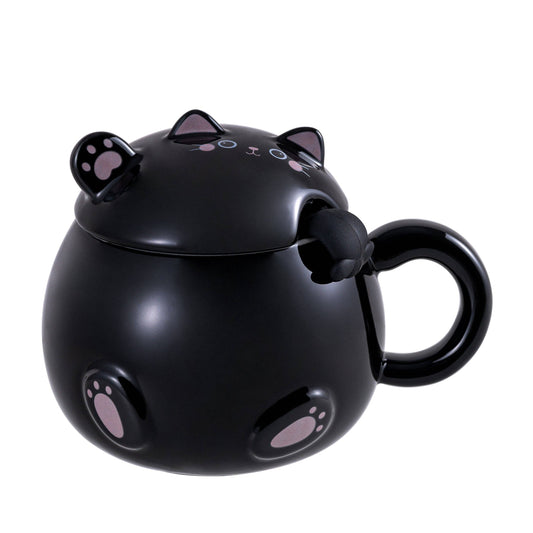 Whimsy Cat Mug with Lid & Spoon | Black Stoneware Coffee Cup | Gift for Cat Lovers | 15oz