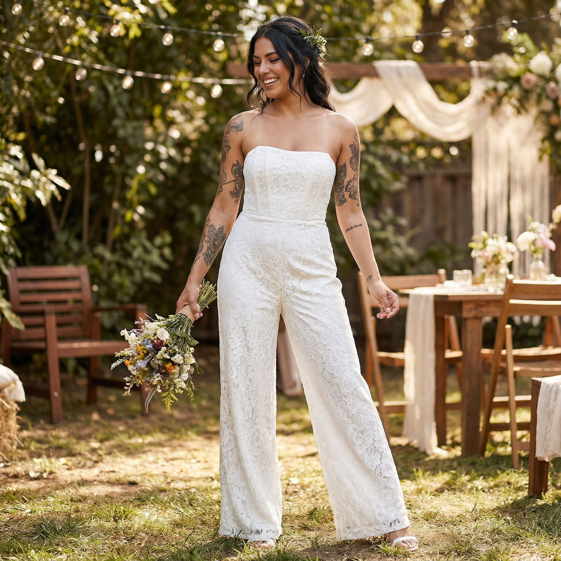 White Lace Corset Jumpsuit | Sleeveless Wide Leg Pants Formal Attire