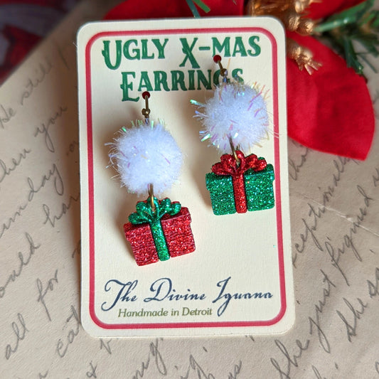 White Pom Pom with Glitter Gifts Ugly Present Earrings | Handmade in the US