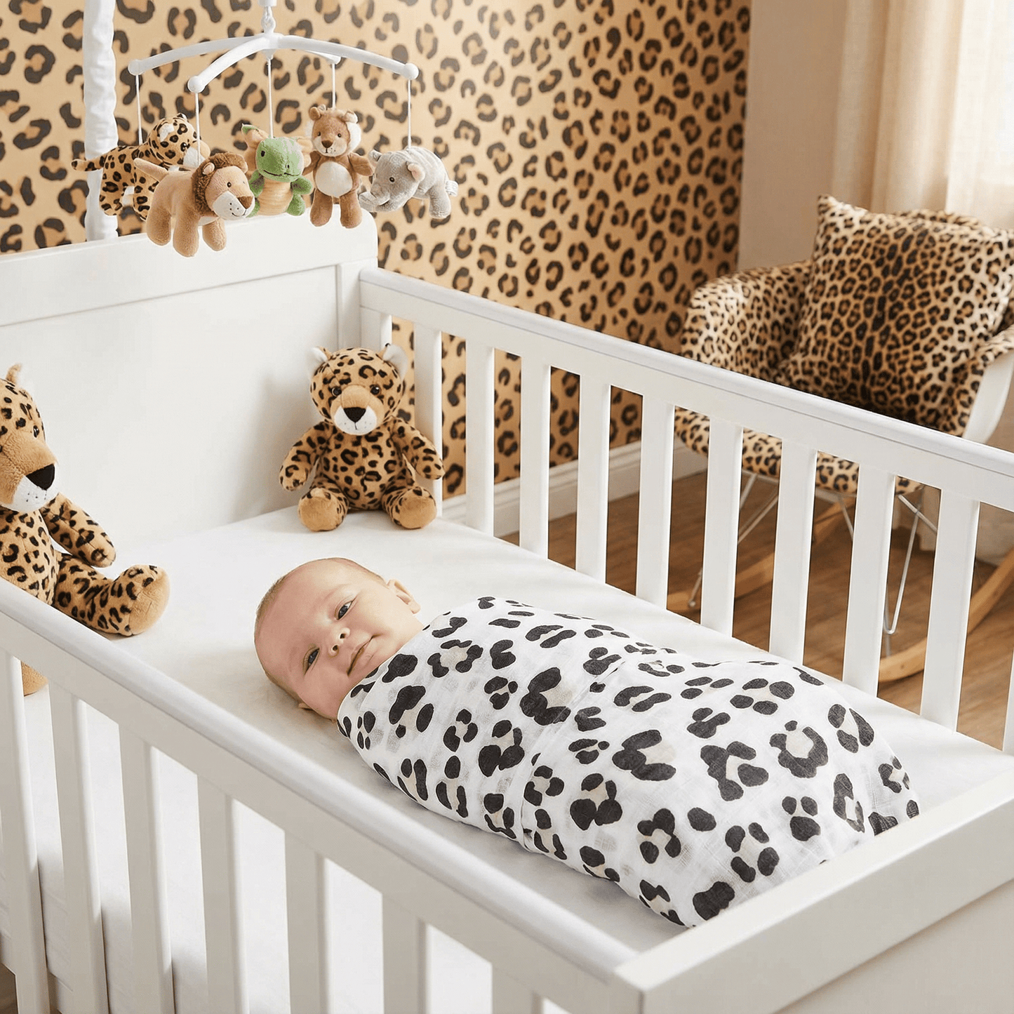 White Swaddle Blanket in Cheetah Print in Pink and Black Spots | 45" x 45" | Baby Infant Toddler Gifts