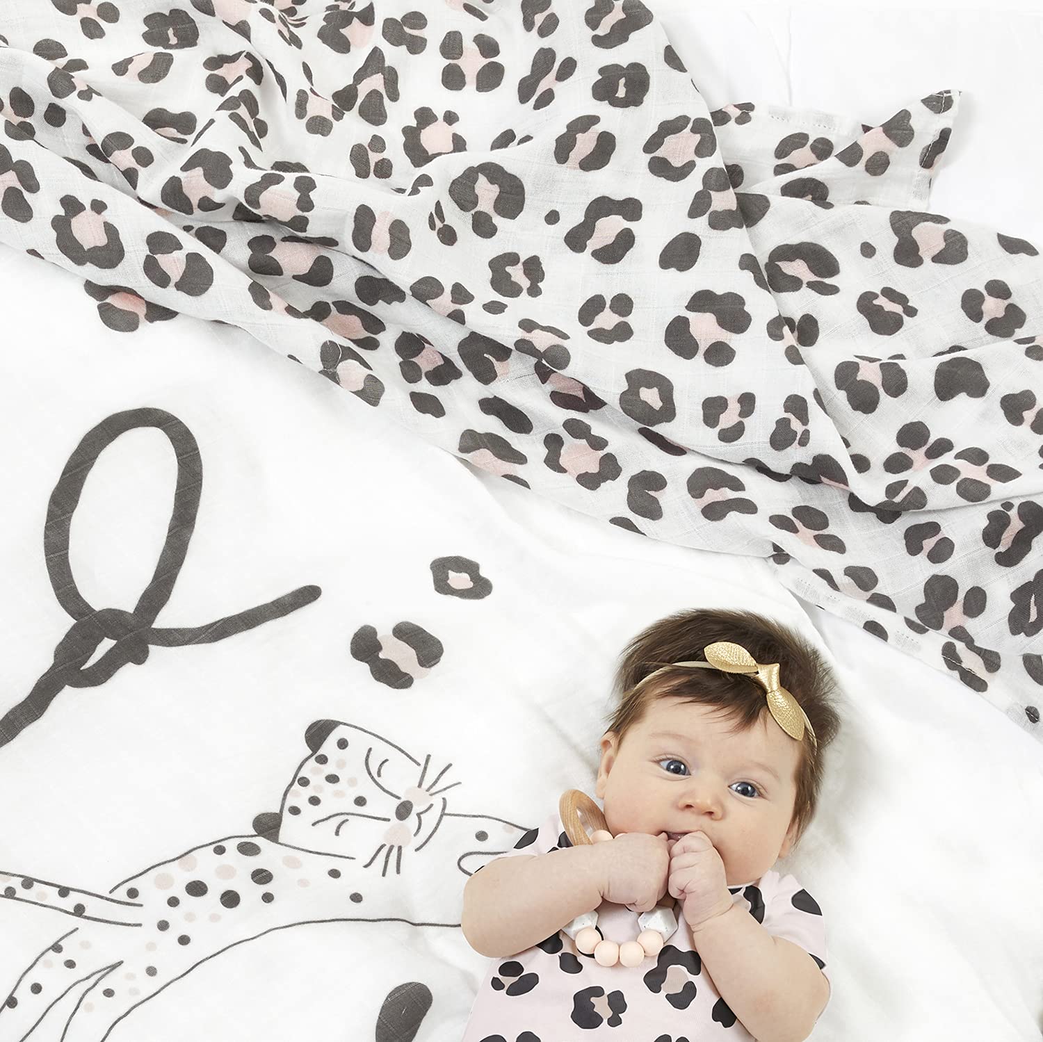 White Swaddle Blanket in Cheetah Print in Pink and Black Spots | 45" x 45" | Baby Toddler Gifts