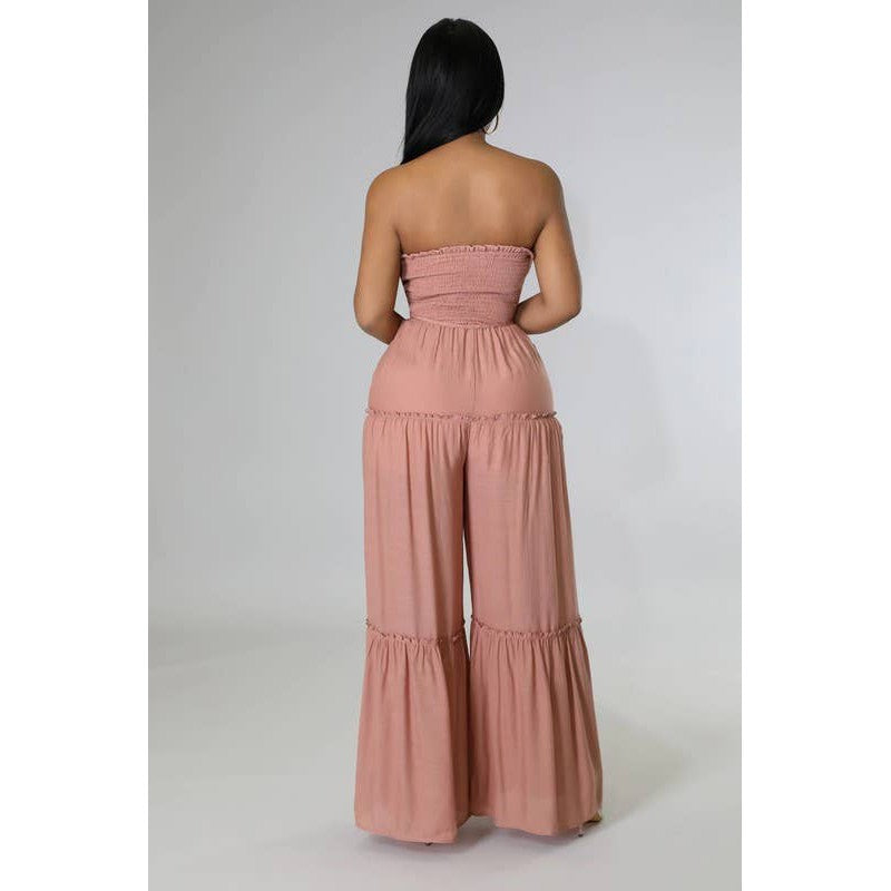 Wide Leg Strapless Jumpsuit With Waist Tie [4 Color Options]