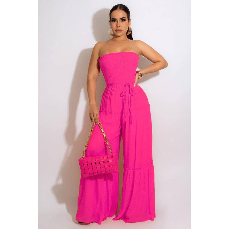 Wide Leg Strapless Jumpsuit With Waist Tie [4 Color Options]