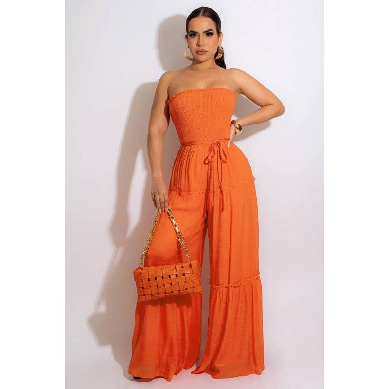 Wide Leg Strapless Jumpsuit With Waist Tie [4 Color Options]