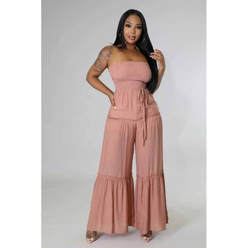 Wide Leg Strapless Jumpsuit With Waist Tie [4 Color Options]